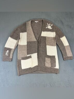 Johnny Was Alpaca Wool Knit Cardigan Women’s Small Brown White Patchwork Floral